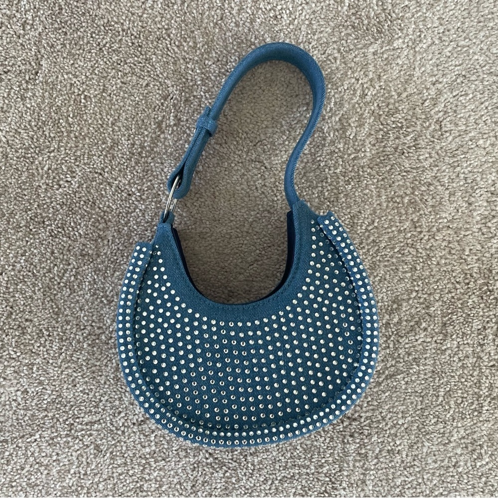 Topshop Steph Scoop Diamante Denim Shoulder Bag in Blue